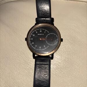 Skagen Dual Time Display. Black With Copper Bezel And Original Leather Strap